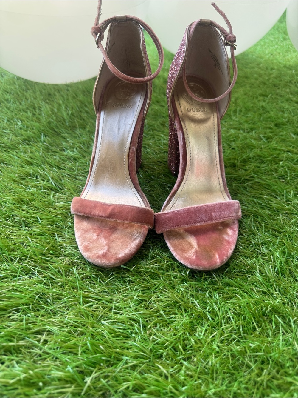Guess Glitter Pink Velvet Ankle-Strap Block Heels